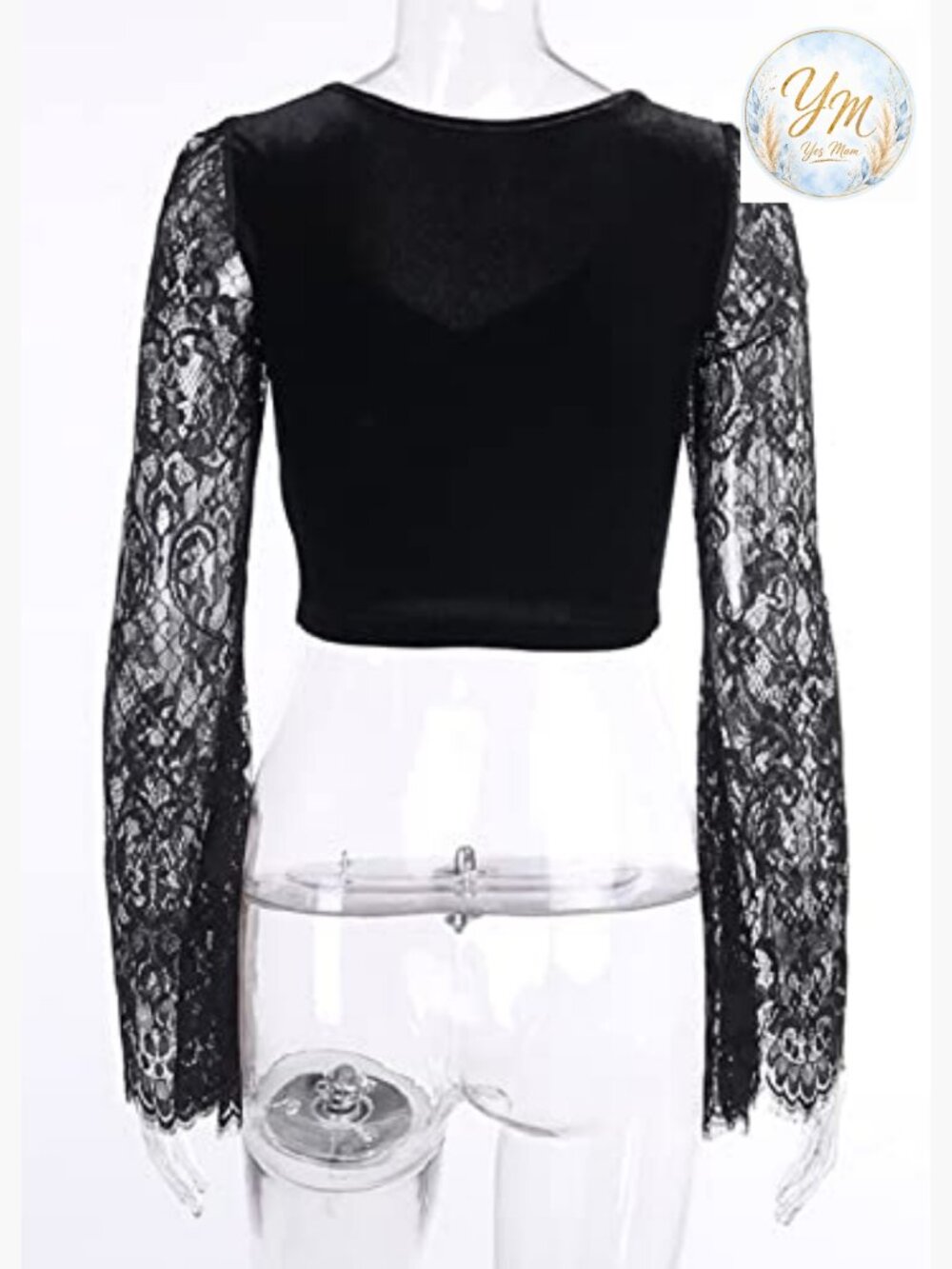 Gothic Crop Top with Velvet and Lace Long Sleeve V-Neck Top - Picture 7 of 7